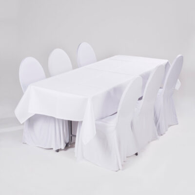 Set für 6 Personen | 6x Stuhl, 1x Tisch eckig 183x76cm inkl. Tuch, 6x Stuhlhusse