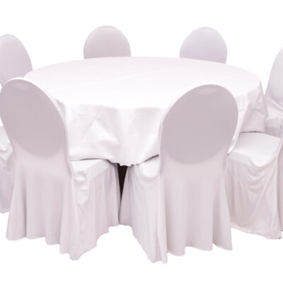 Set für 8 Personen | 8x Stuhl, 1x Tisch rund d~150cm, 1x Tischtuch, 8x Stuhlhusse Optimal