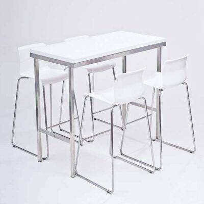 Set 1x Brückentisch weiß 120x60, 4x Barhocker mit Lehne weiß