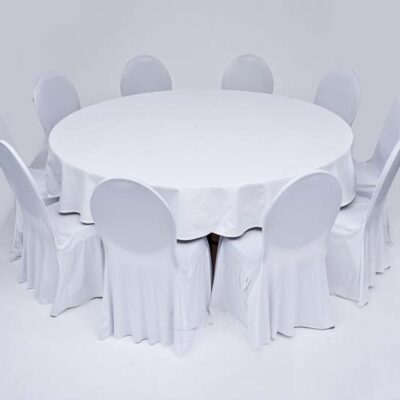 Set für 10 Personen | 10x Stuhl, 1x Tisch rund d~180cm, 1xTischtuch,10x Stuhlhusse